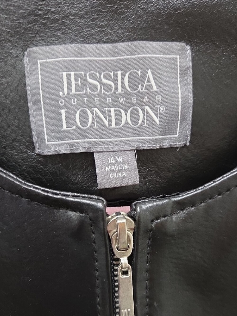 Jessica London Black Leather Zip-Front Collarless Jacket - Picture 2 of 3
